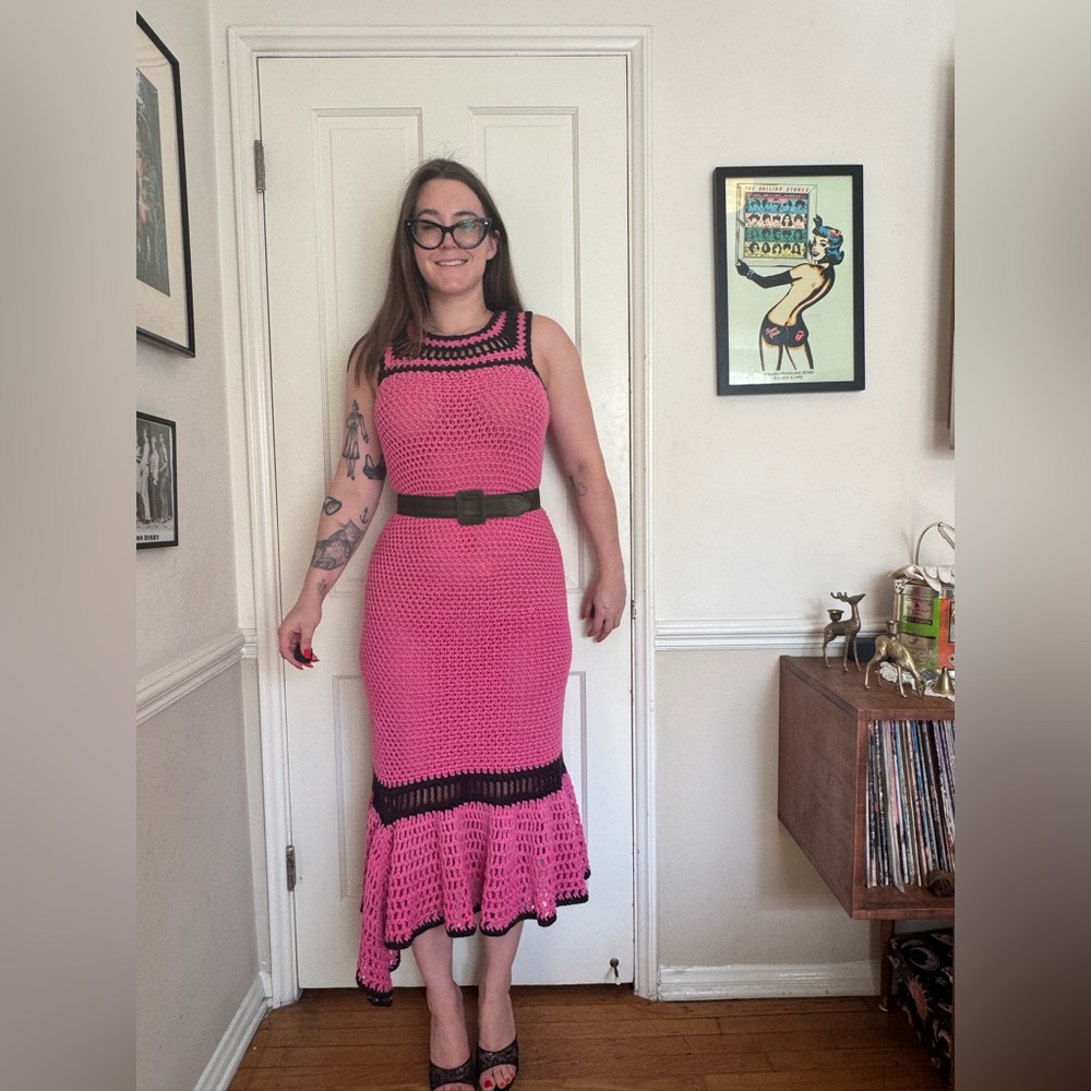 Vintage Pink Black Crochet Maxi Dress with Mermaid Hem - Picture 2 of 10